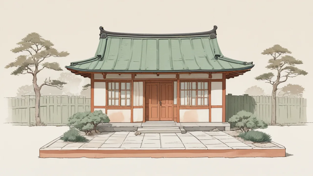 塀に囲まれた敷地に建つ、緑の屋根の小さな古い日本家屋のイラスト