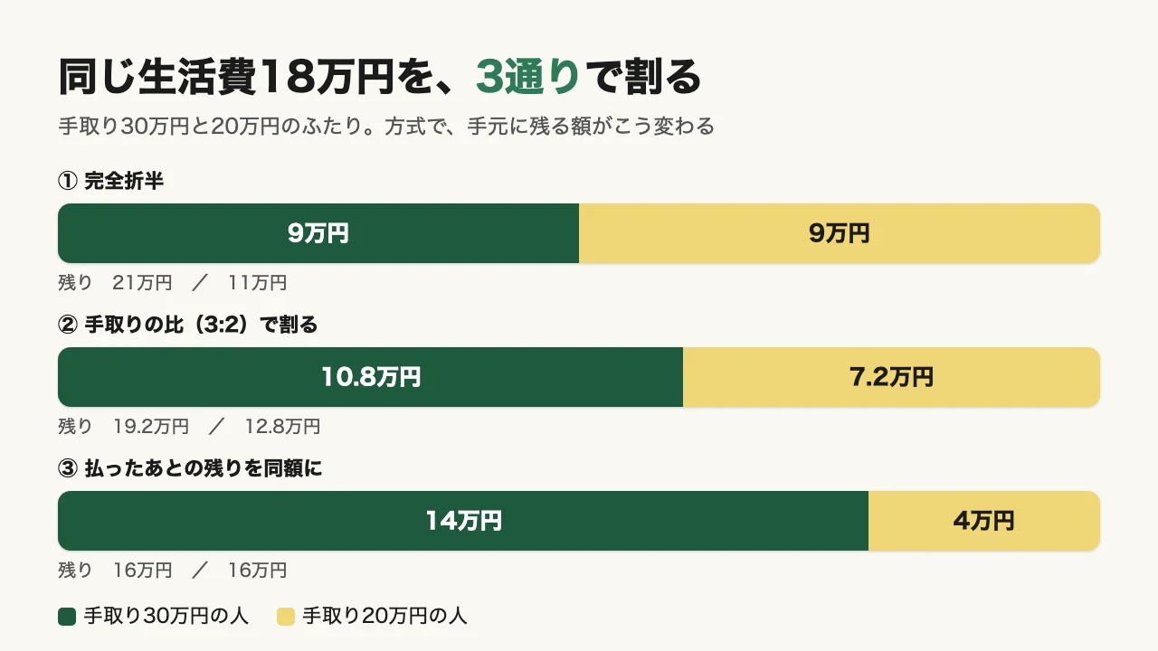手取り30万円と20万円のふたりが共通費18万円を分ける額。完全折半は9万円と9万円、手取りの比は10.8万円と7.2万円、払ったあとの残りを同額にすると14万円と4万円の横棒グラフ