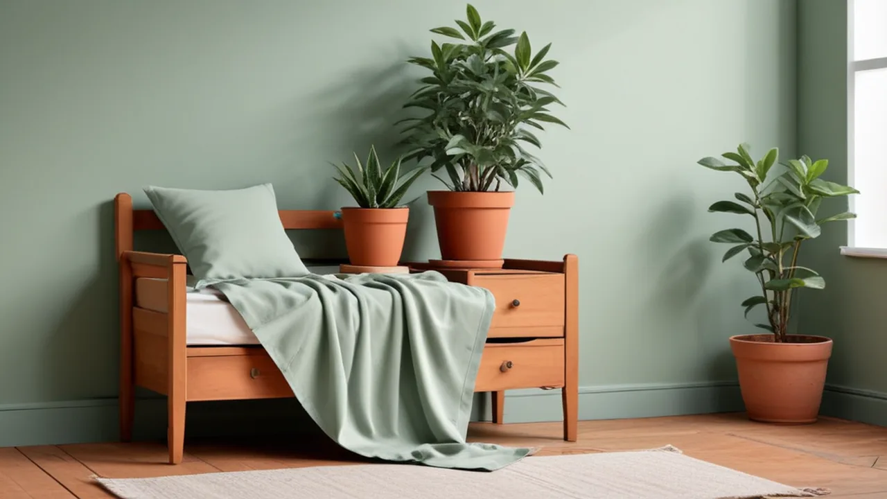 日当たりのよい部屋に、ブランケットのかかった木のベンチと鉢植えが置かれたイラスト