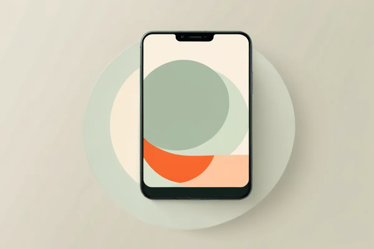 スマートフォンの画面に、緑と橙の丸い図形が重なっているイラスト